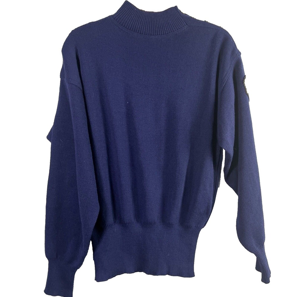 Meister Sweater Womens Small Navy Blue Mock Neck Wool Blend Crest Button Vintage